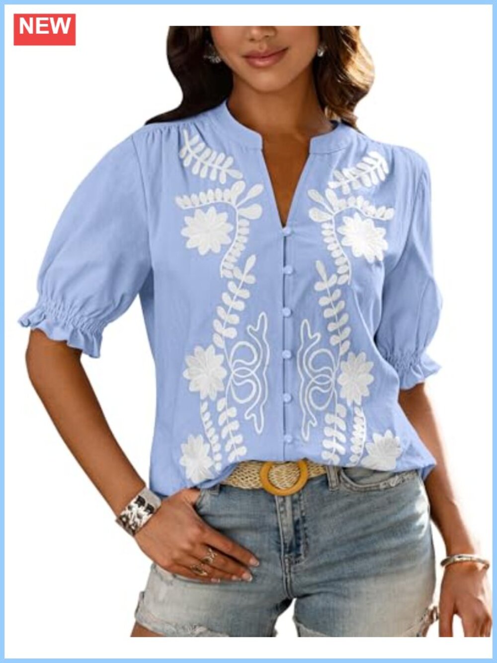 Women's Boho Embroidered Cotton V-Neck Puff Sleeve Button Down Blouse Top